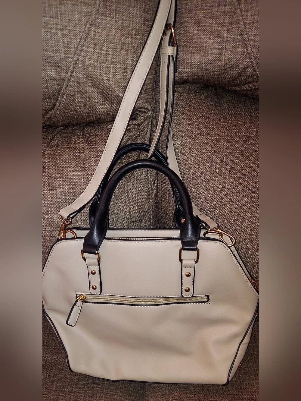 Adrienne Vittadini Cream Croc-Embossed Satchel with Black Trim & Gold Hardware